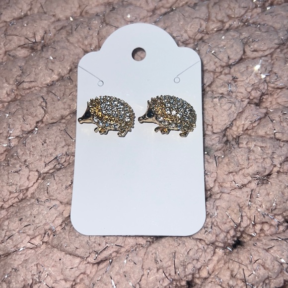 Rhinestone hedgehog earrings • handcrafted • gold tones • bling earrings - Picture 1 of 4